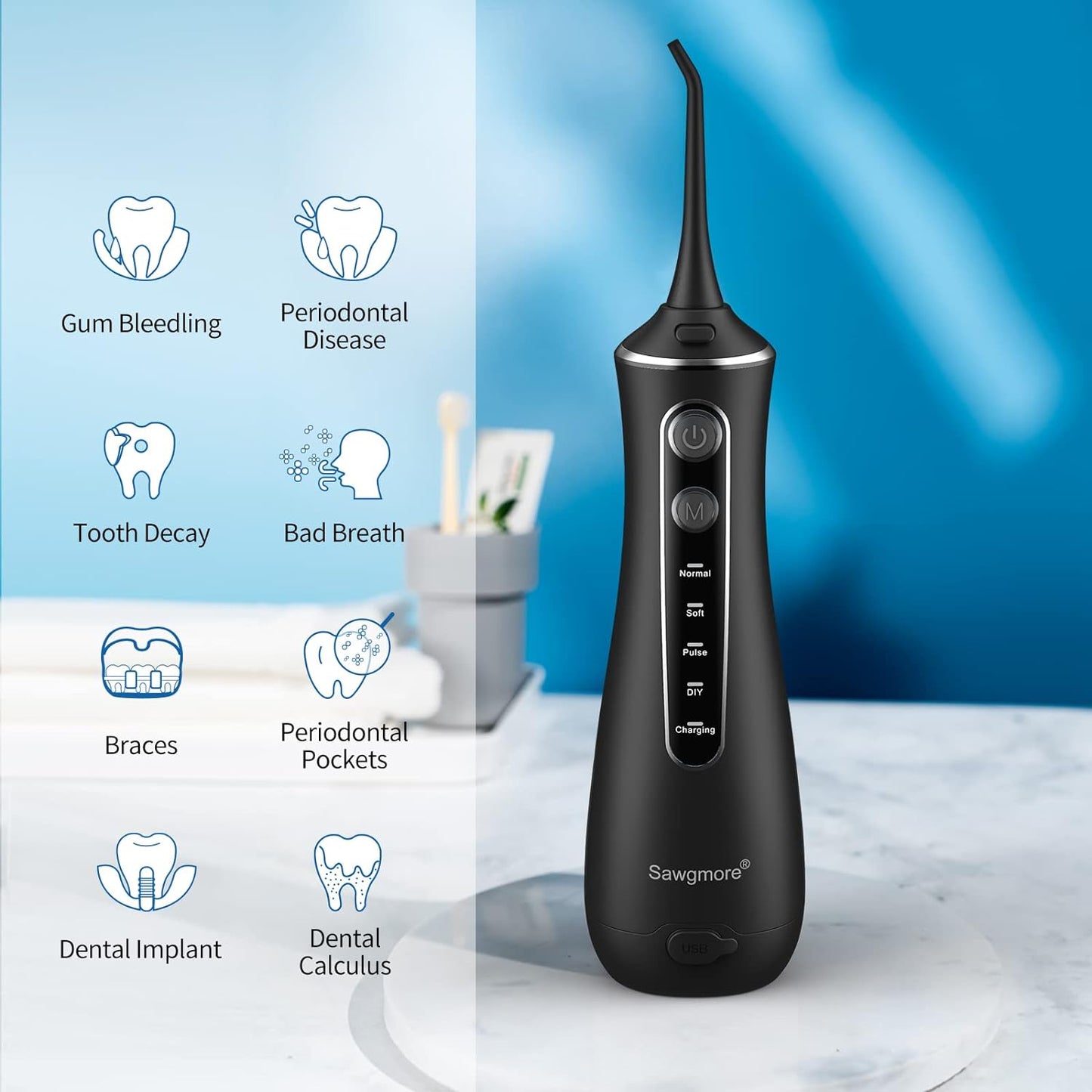 Sawgmore Cordless Water Flosser for Teeth, Portable Water Teeth Cleaner Picks with 4 DIY Cleaning Modes 4 Jet Tips, USB Rechargeable IPX7 Waterproof Dental Oral Irrigator for Travel and Home