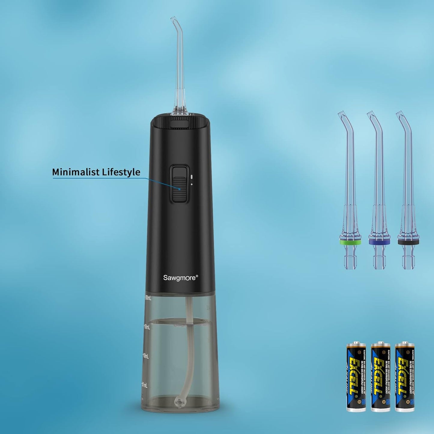 Sawgmore Cordless Water Flosser for Teeth, Portable Water Teeth Cleaner Picks with One-Key Control Mode 4 Jet Tips, Battery-Powered IPX6 Waterproof Dental Oral Irrigator for Travel and Home Black