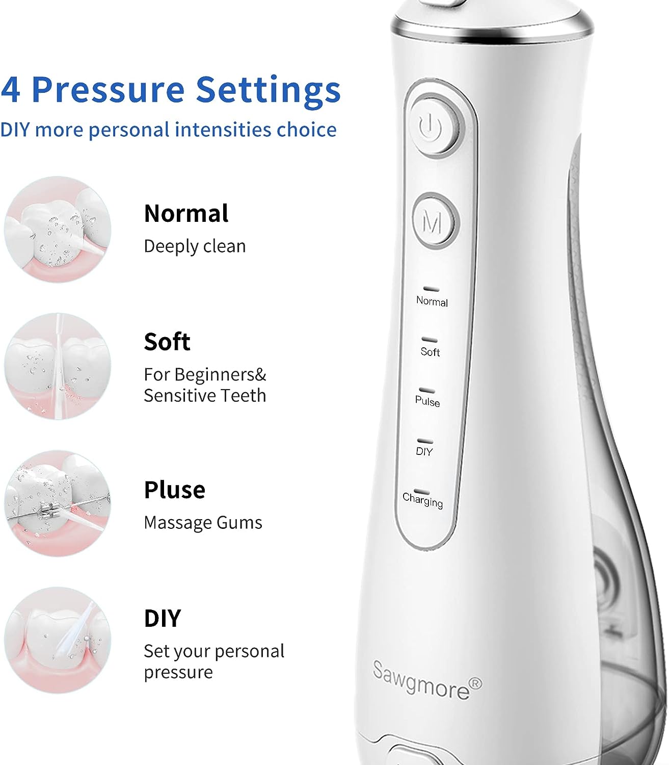 Sawgmore Cordless Water Flosser for Teeth, Portable Water Teeth Cleaner Picks with 4 DIY Cleaning Modes 4 Jet Tips, USB Rechargeable IPX7 Waterproof Dental Oral Irrigator for Travel and Home