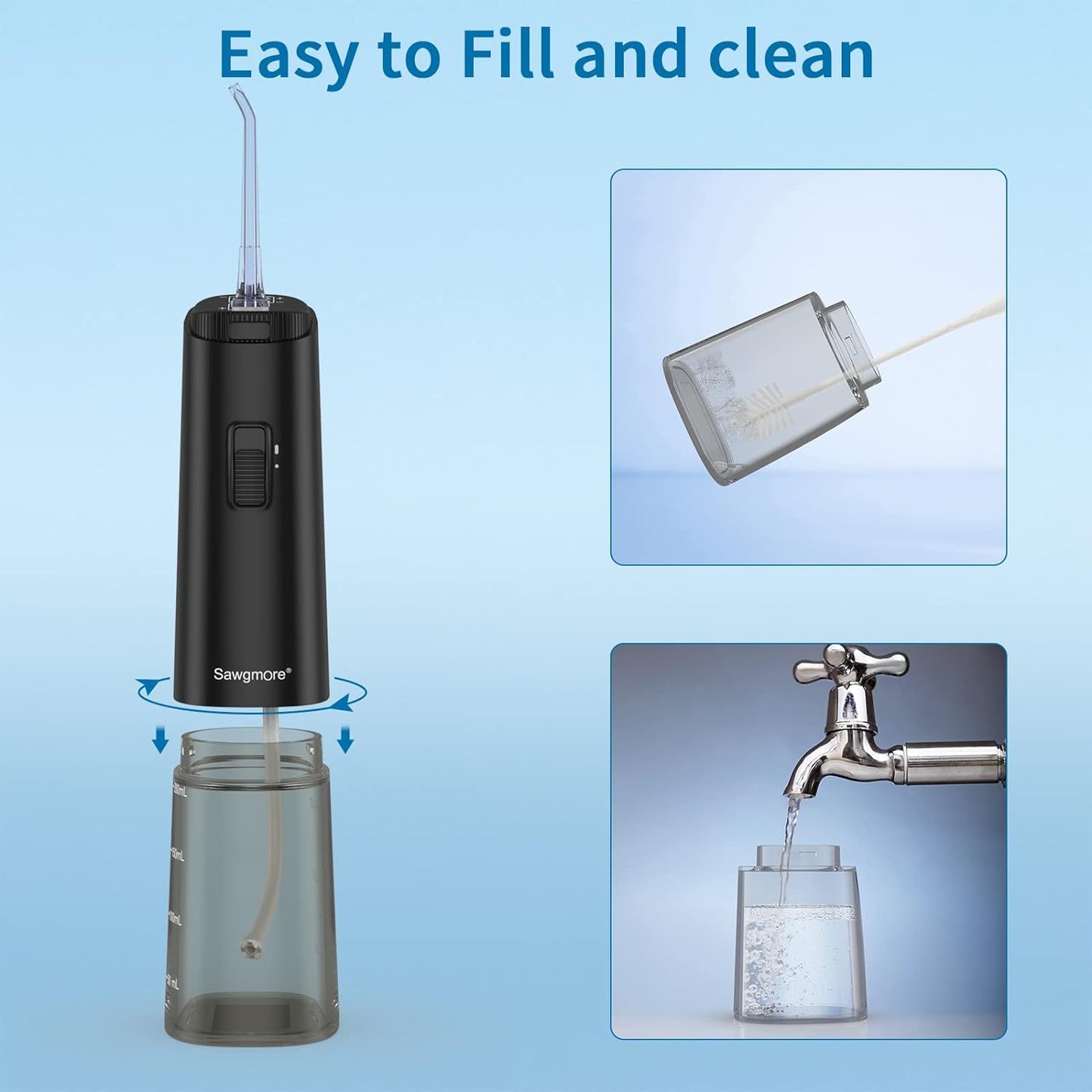 Sawgmore Cordless Water Flosser for Teeth, Portable Water Teeth Cleaner Picks with One-Key Control Mode 4 Jet Tips, Battery-Powered IPX6 Waterproof Dental Oral Irrigator for Travel and Home Black