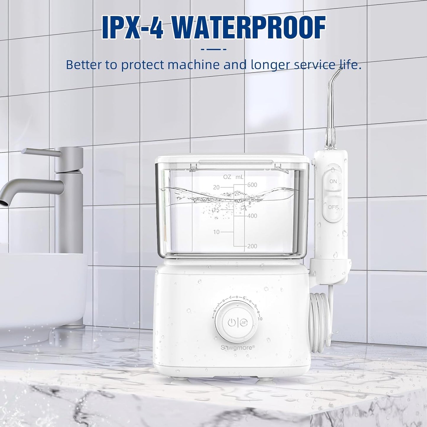 Sawgmore Water Dental Flosser Teeth Pick, 10 Adjustable Pressure, 600ml Large Capacity, Electric Oral Irrigator Water Floss for Teeth Cleaning, 5 Water Jet Tips for Family (White)