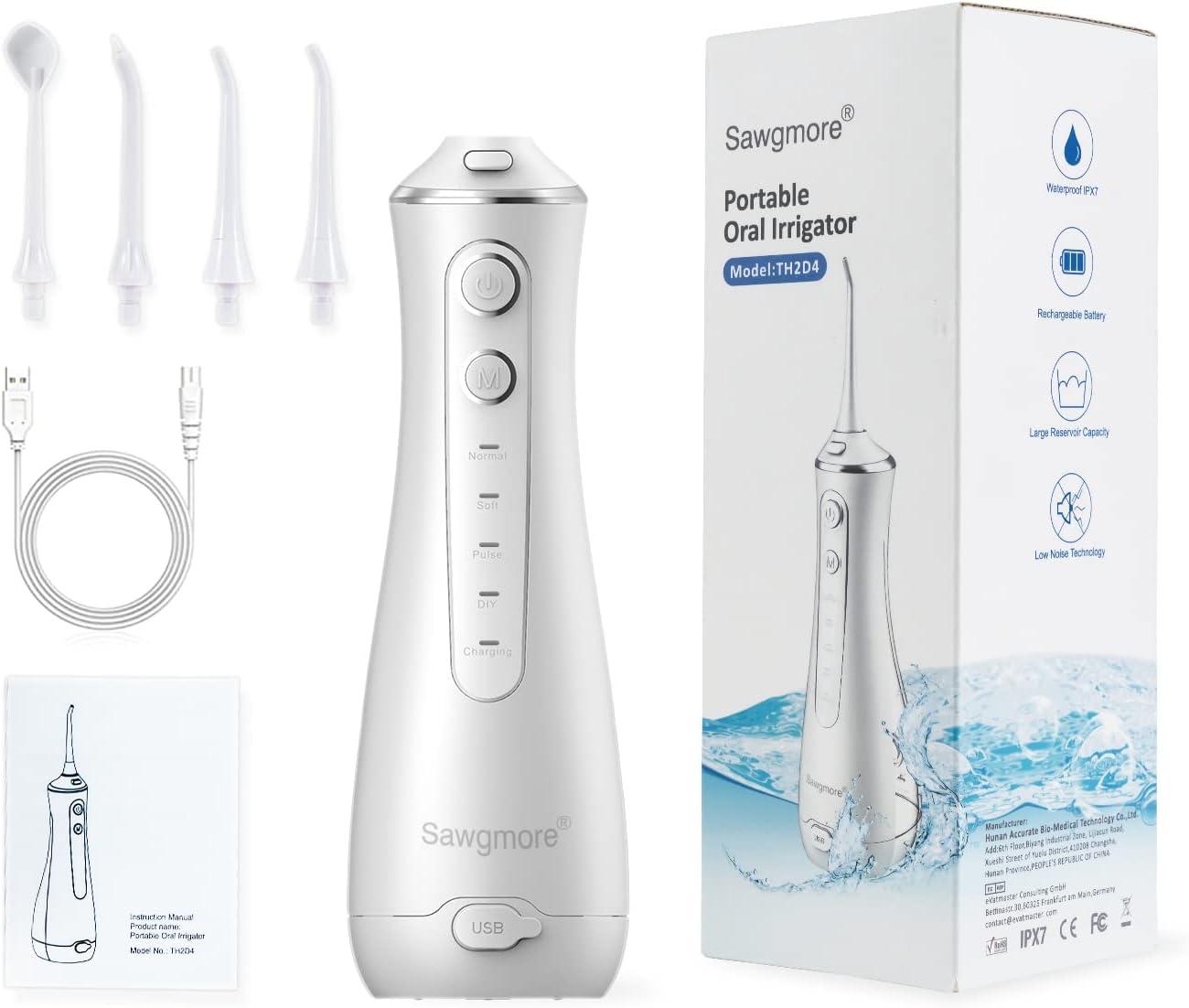 Sawgmore Cordless Water Flosser for Teeth, Portable Water Teeth Cleaner Picks with 4 DIY Cleaning Modes 4 Jet Tips, USB Rechargeable IPX7 Waterproof Dental Oral Irrigator for Travel and Home