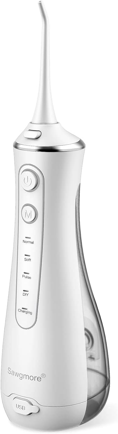 Sawgmore Cordless Water Flosser for Teeth, Portable Water Teeth Cleaner Picks with 4 DIY Cleaning Modes 4 Jet Tips, USB Rechargeable IPX7 Waterproof Dental Oral Irrigator for Travel and Home