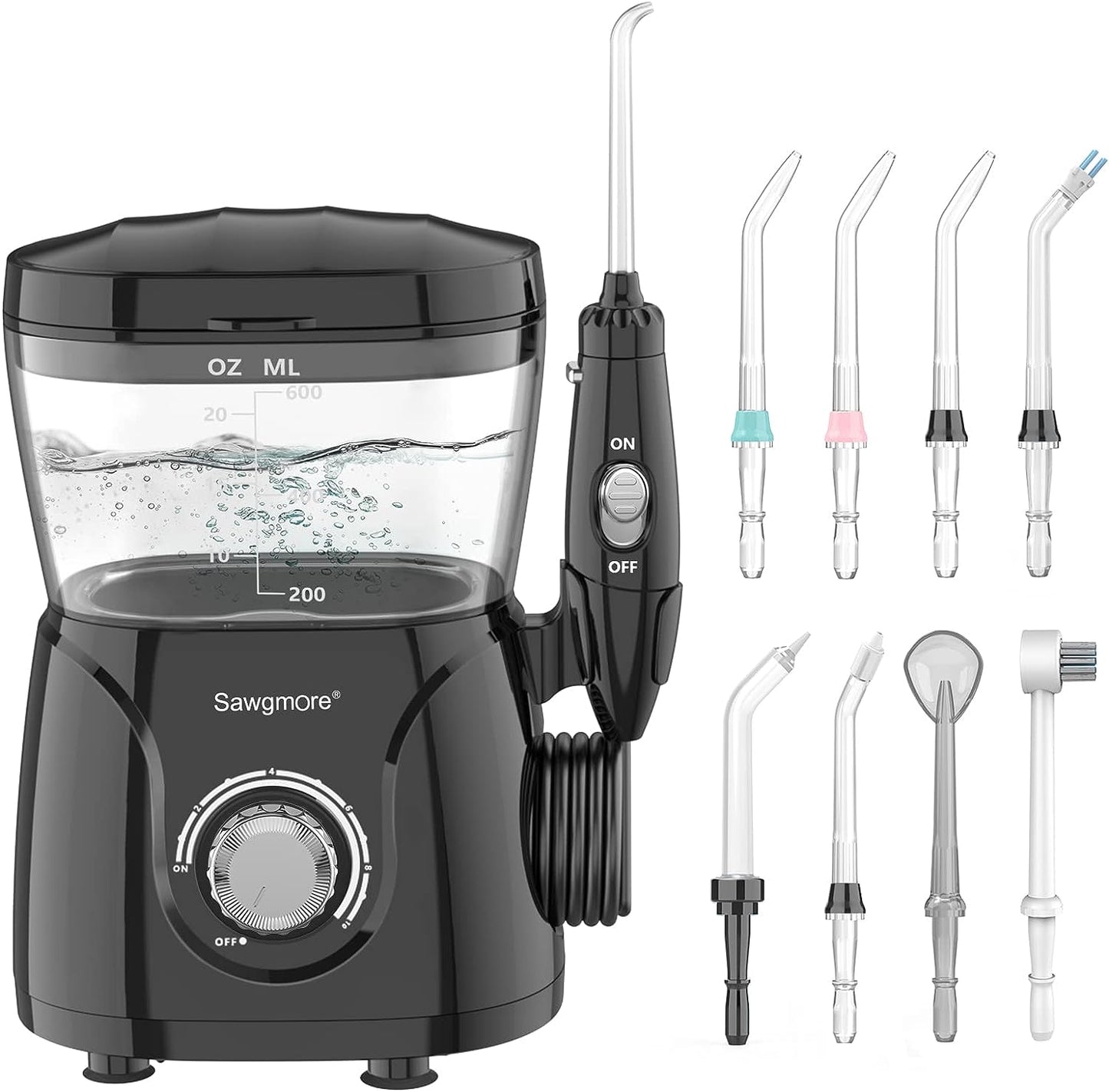 Sawgmore Water Flosser Oral Irrigator, 600ml Large Capacity, 10 Adjustable Pressures, Electric Flosser for Teeth/Braces, 8 Home Nozzles Professional Flosser Oral Irrigator(White)
