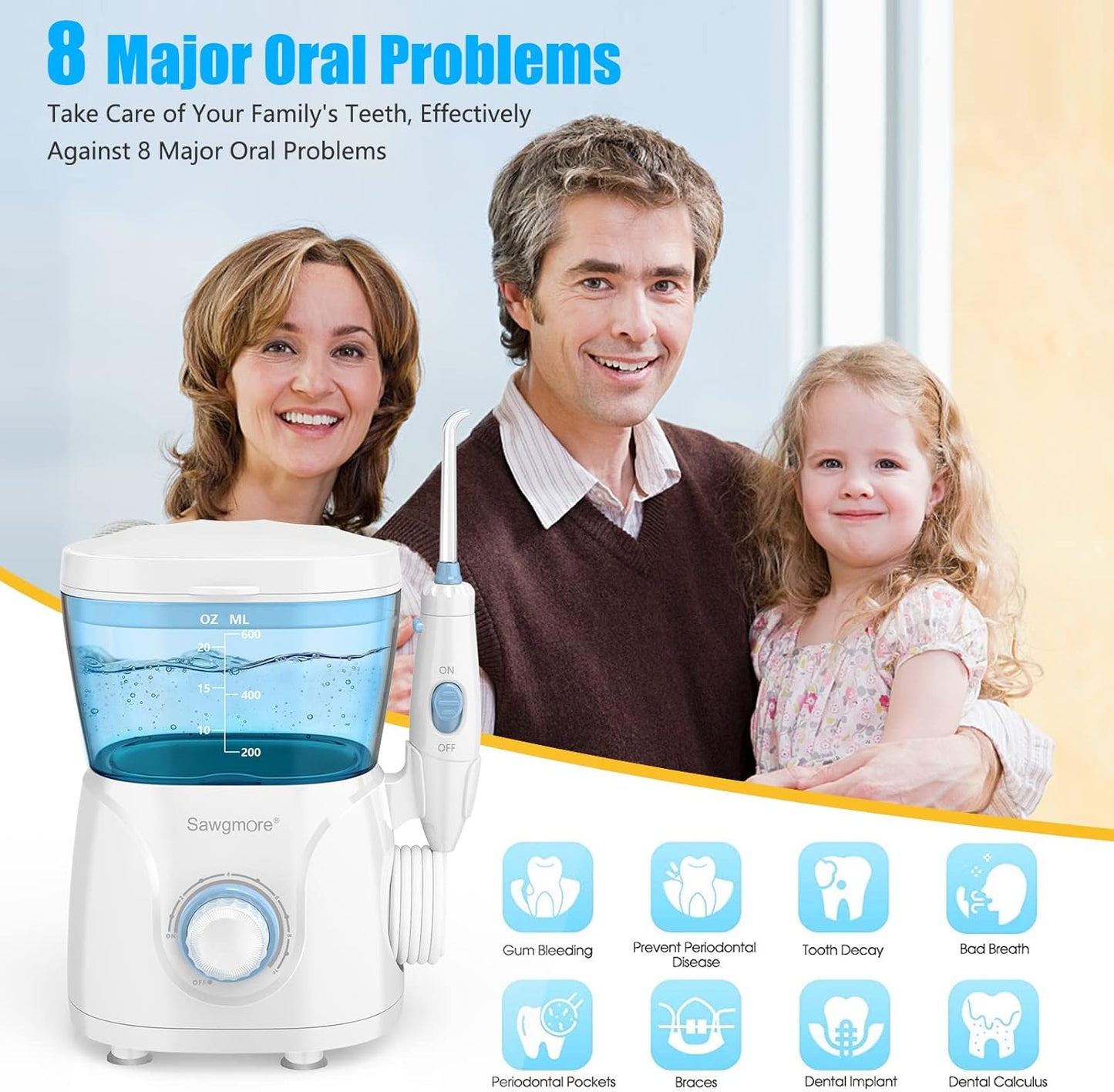 Sawgmore Water Flosser Oral Irrigator, 600ml Large Capacity, 10 Adjustable Pressures, Electric Flosser for Teeth/Braces, 8 Home Nozzles Professional Flosser Oral Irrigator(White)