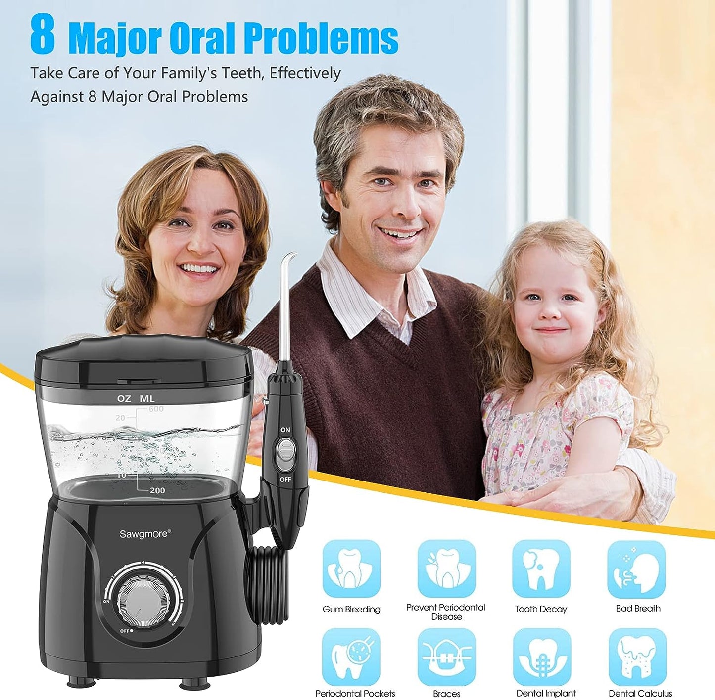 Sawgmore Water Flosser Oral Irrigator, 600ml Large Capacity, 10 Adjustable Pressures, Electric Flosser for Teeth/Braces, 8 Home Nozzles Professional Flosser Oral Irrigator(White)