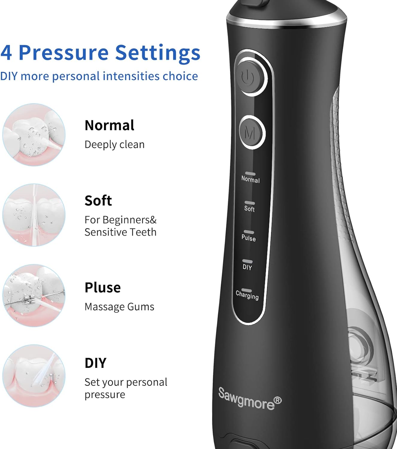 Sawgmore Cordless Water Flosser for Teeth, Portable Water Teeth Cleaner Picks with 4 DIY Cleaning Modes 4 Jet Tips, USB Rechargeable IPX7 Waterproof Dental Oral Irrigator for Travel and Home