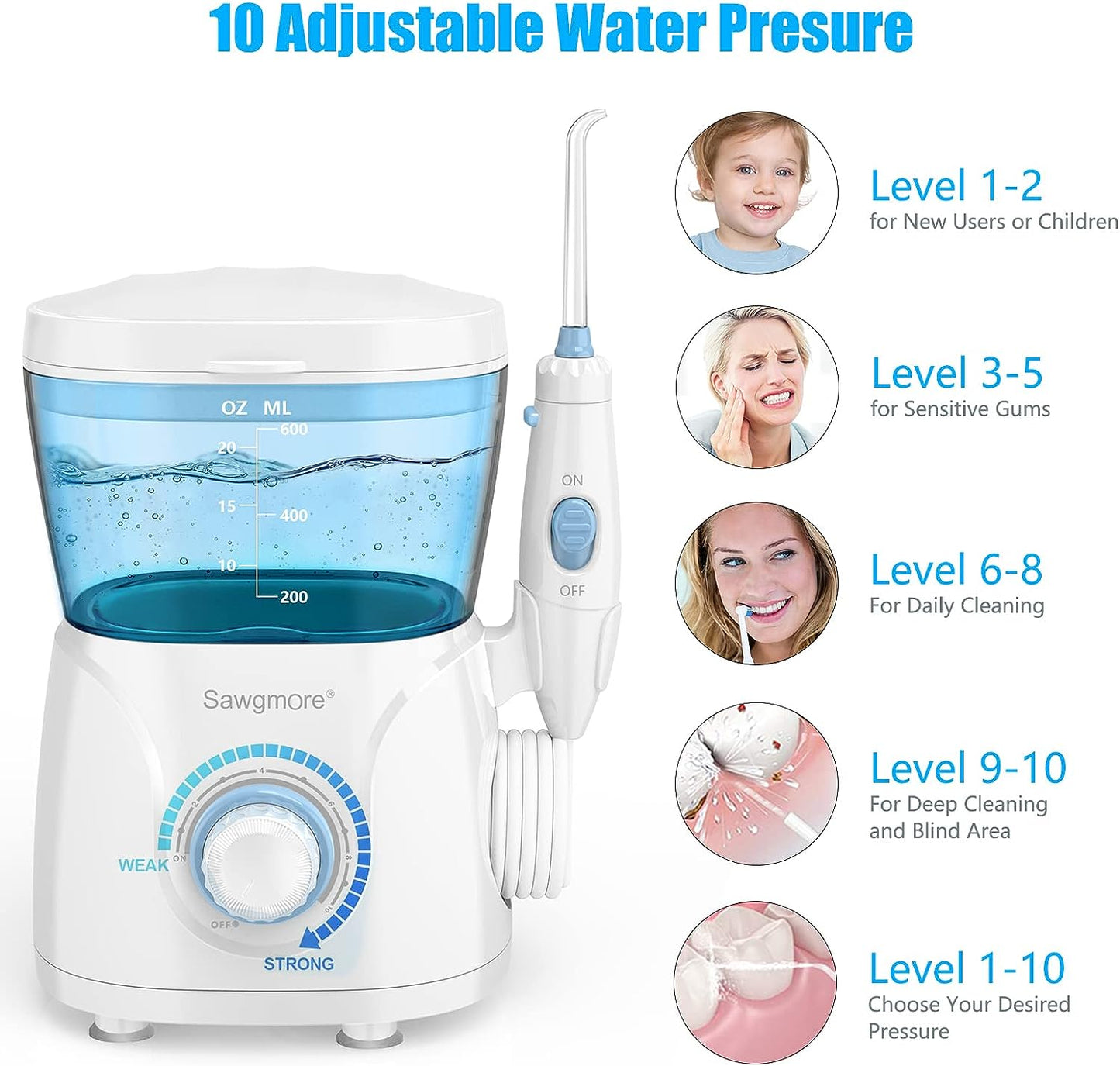 Sawgmore Water Flosser Oral Irrigator, 600ml Large Capacity, 10 Adjustable Pressures, Electric Flosser for Teeth/Braces, 8 Home Nozzles Professional Flosser Oral Irrigator(White)