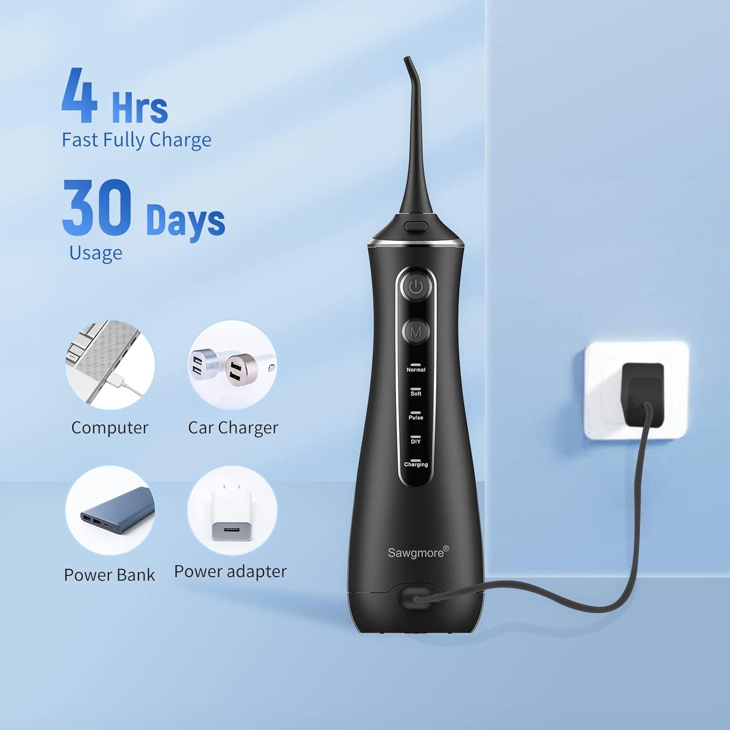 Sawgmore Cordless Water Flosser for Teeth, Portable Water Teeth Cleaner Picks with 4 DIY Cleaning Modes 4 Jet Tips, USB Rechargeable IPX7 Waterproof Dental Oral Irrigator for Travel and Home