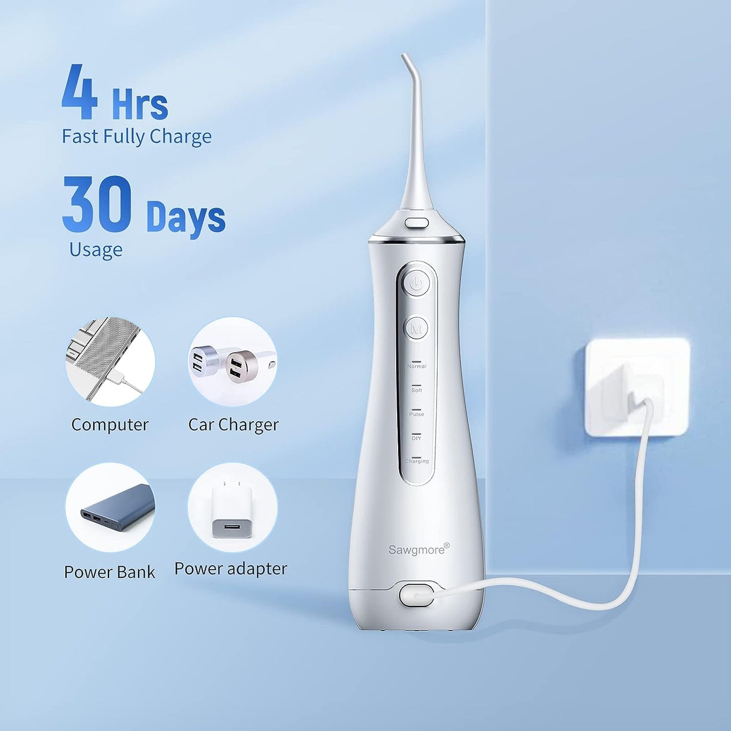 Sawgmore Cordless Water Flosser for Teeth, Portable Water Teeth Cleaner Picks with 4 DIY Cleaning Modes 4 Jet Tips, USB Rechargeable IPX7 Waterproof Dental Oral Irrigator for Travel and Home