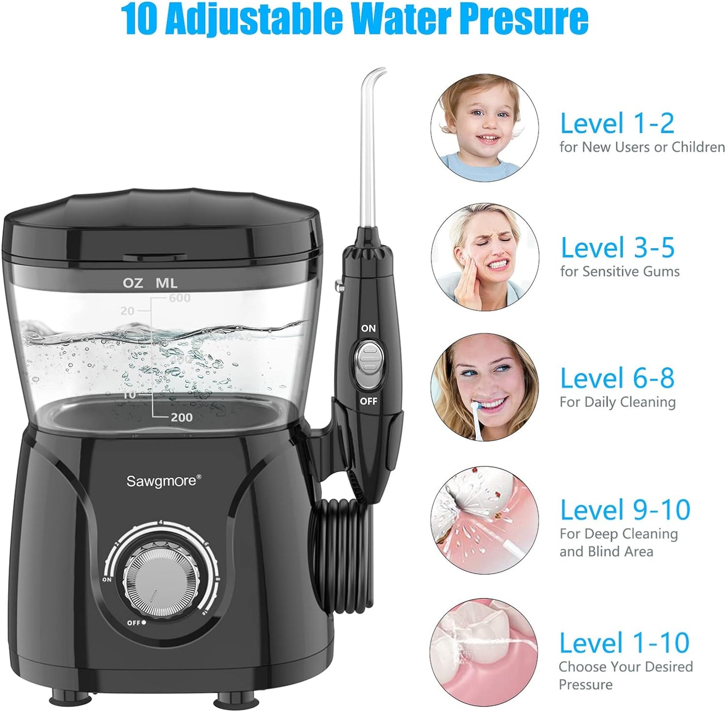 Sawgmore Water Flosser Oral Irrigator, 600ml Large Capacity, 10 Adjustable Pressures, Electric Flosser for Teeth/Braces, 8 Home Nozzles Professional Flosser Oral Irrigator(White)