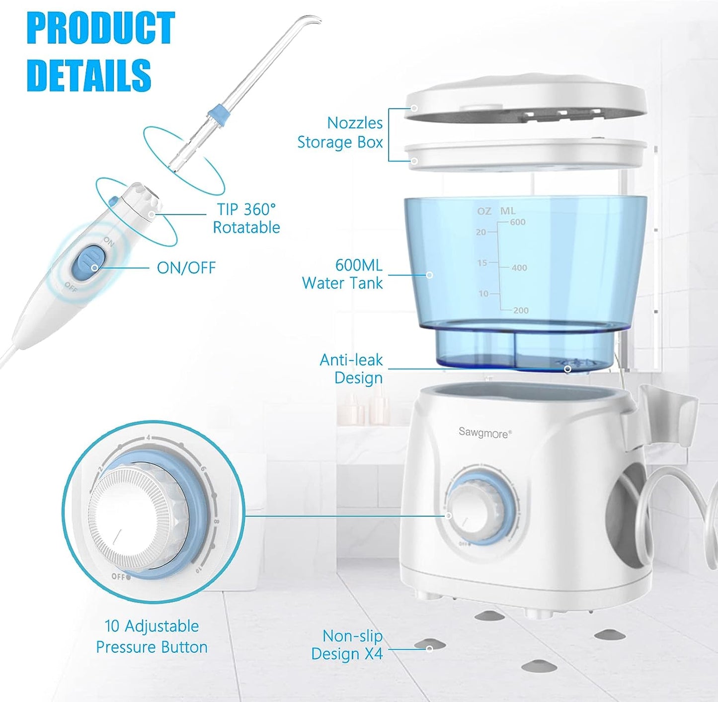 Sawgmore Water Flosser Oral Irrigator, 600ml Large Capacity, 10 Adjustable Pressures, Electric Flosser for Teeth/Braces, 8 Home Nozzles Professional Flosser Oral Irrigator(White)