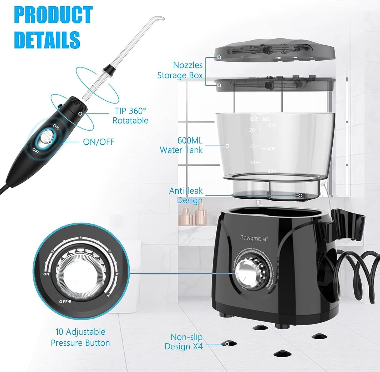 Sawgmore Water Flosser Oral Irrigator, 600ml Large Capacity, 10 Adjustable Pressures, Electric Flosser for Teeth/Braces, 8 Home Nozzles Professional Flosser Oral Irrigator(White)