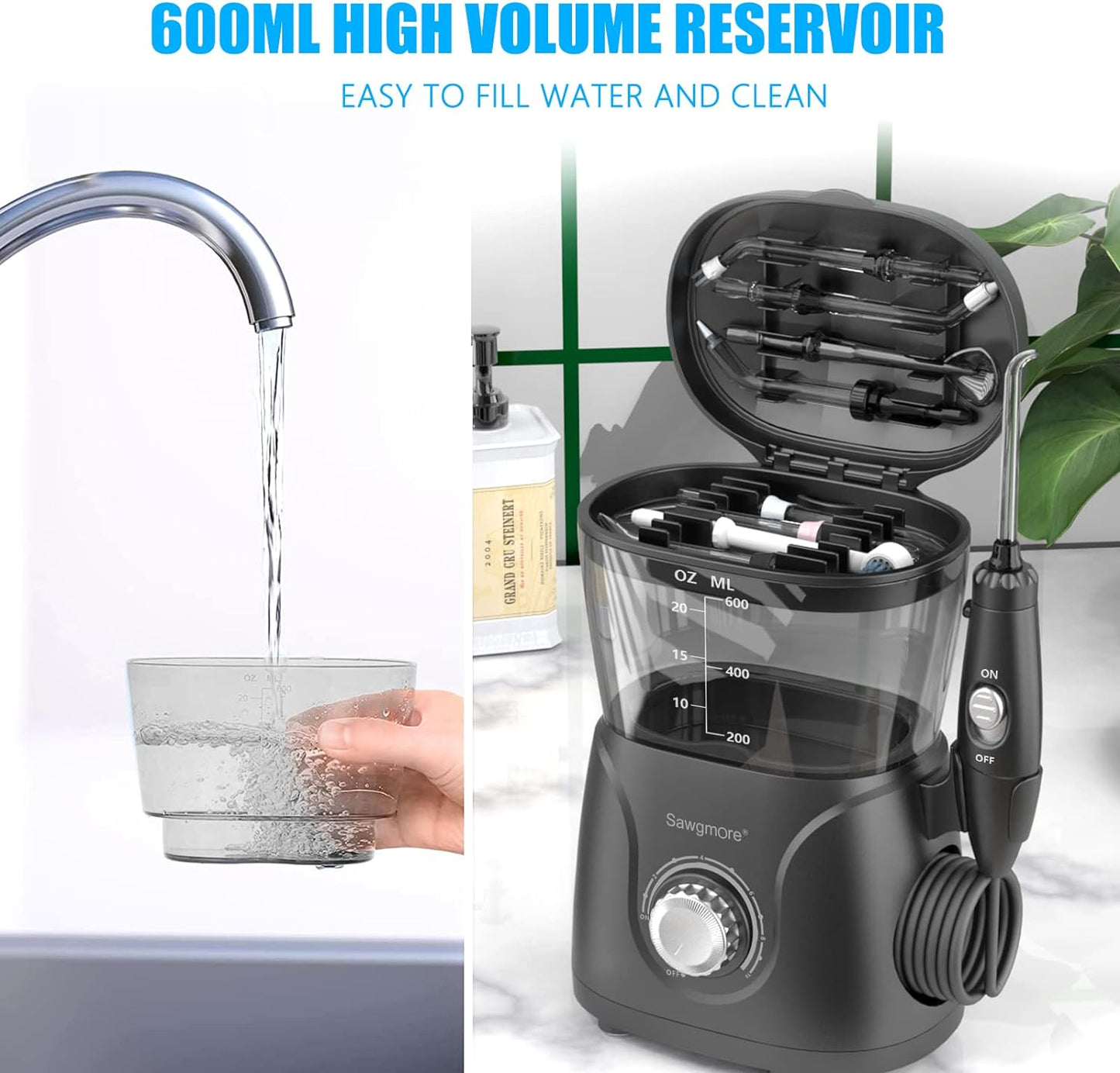 Sawgmore Water Flosser Oral Irrigator, 600ml Large Capacity, 10 Adjustable Pressures, Electric Flosser for Teeth/Braces, 8 Home Nozzles Professional Flosser Oral Irrigator(White)