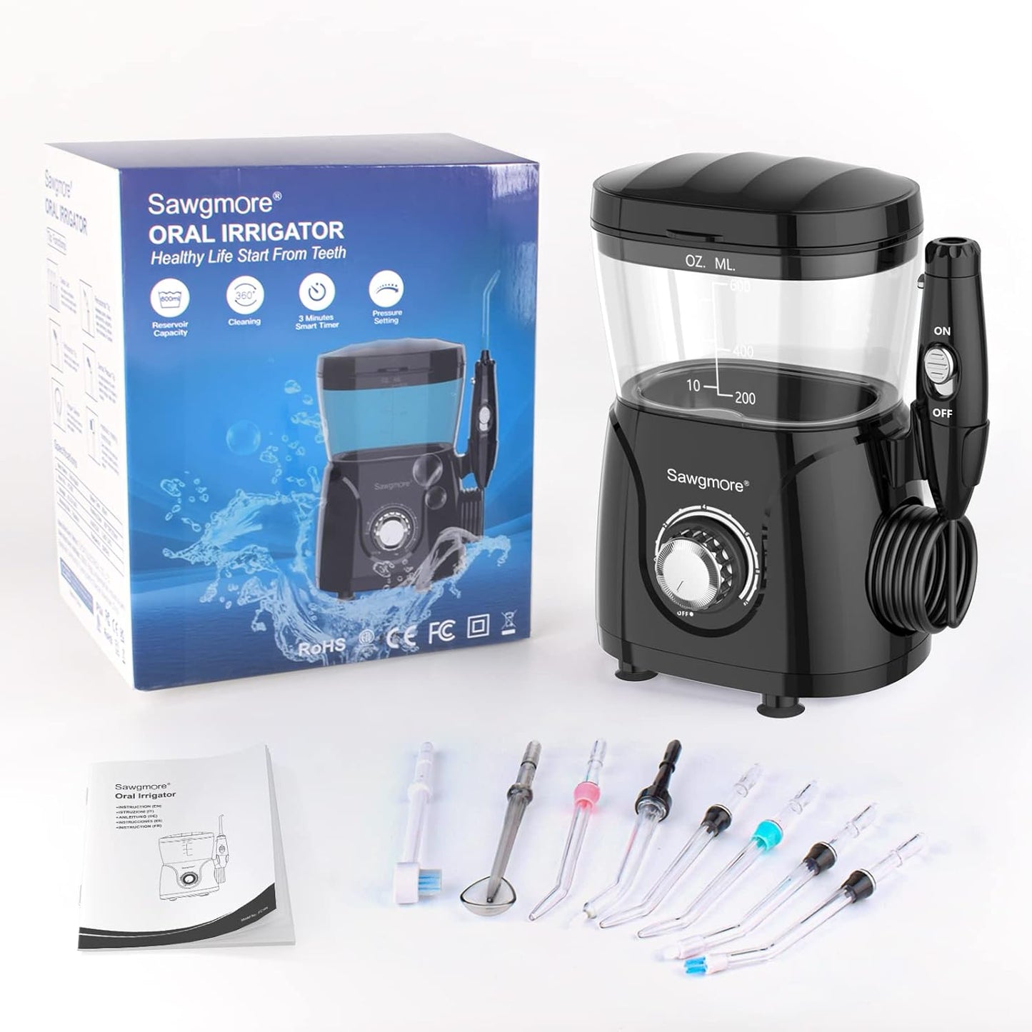 Sawgmore Water Flosser Oral Irrigator, 600ml Large Capacity, 10 Adjustable Pressures, Electric Flosser for Teeth/Braces, 8 Home Nozzles Professional Flosser Oral Irrigator(White)